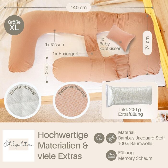 Подушка для вагітних та годування XL для сну на боці з ефектом пам'яті (Memory Foam), бавовняний чохол, коричнева