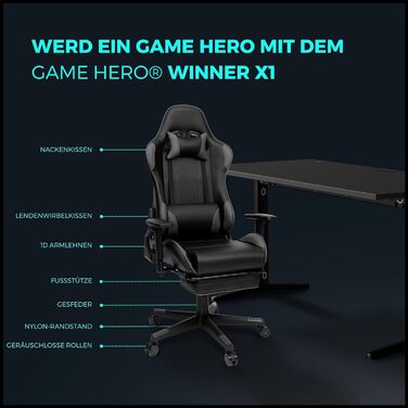 Ігрове крісло Game Hero Winner X1 з підставкою для ніг, функцією відкидання та регульованими по висоті підлокітниками - Офісне крісло преміум-класу Ергономічне письмове крісло для геймерів - З можливістю завантаження до 125 кг - Штучна шкіра - (Сірий)