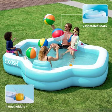 Надувний басейн SLOOSH з сидіннями, 305 x 257 x 66 см, сімейний басейн для відпочинку з підголівниками та тримачами для напоїв, ідеальний для літньої вечірки в саду або на газоні, колір блакитний