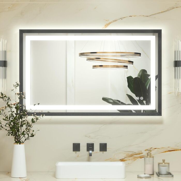 Дзеркало для ванної кімнати Keonjinn з підсвічуванням, металевий каркас 50x70 см, антизапар, LED, сенсорне керування, 3 кольори світла, диммування, пам'ять, настінне дзеркало (Чорний, 60 x 100 см)