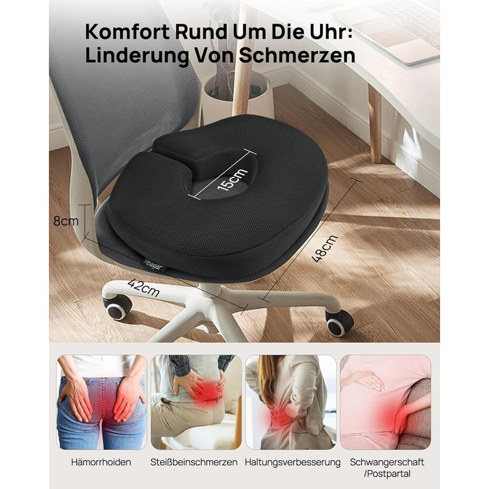 Ортопедична подушка-кільце Feagar: регульований ергономічний подушка-пончик для копчика, геморою та післяпологового відновлення, підходить для авто, офісного крісла та візка, чорна, великий розмір (90-140 кг)