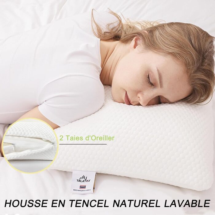 Подушка з 100% натурального латексу: ергономічна підтримка шиї для тих, хто спить на боці та на спині. Регульована ортопедична подушка. Без пінополіуретану. Розмір: 60x40x12x10 см. Білий колір.