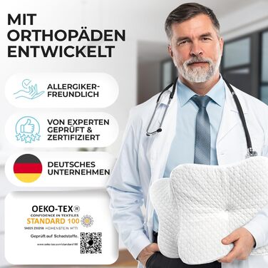 Ортопедична подушка OrthoKomfort® Memory Foam з ефектом пам'яті | Для сну на боці та на спині | Oeko-Tex, знімний чохол, для здорового сну | Біла подушка