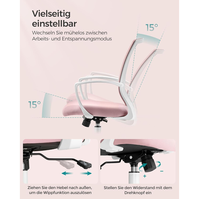 Ергономічне офісне крісло SONGMICS для комп'ютера, сітчасте стілець для робочого столу з функцією гойдання, регулюванням висоти, пастельно-рожеве, до 120 кг, OBN022GD01
