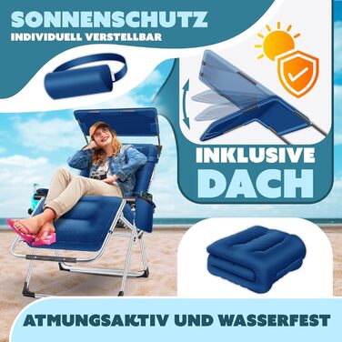 Шезлонг KESSER® для саду, широка та стійка до погодних умов, витримує до 200 кг, ергономічна спинка, регульована, з подушкою, підголівником, тримачем для напоїв, підлокітниками та бічною кишенею, блакитний