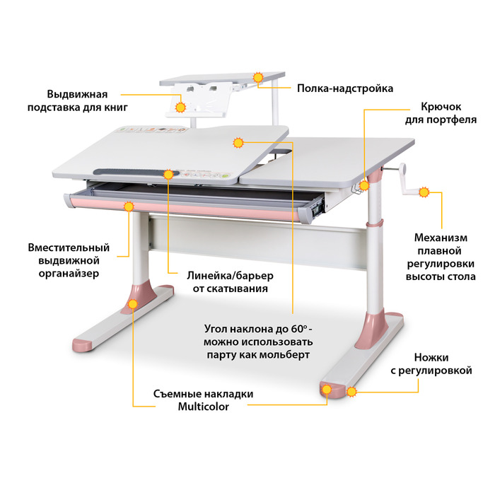 Дитячий стіл Mealux Vancouver Multicolor PN з полицею S50 (арт. BD-620 W/G MC+ PN+ S50 WG)