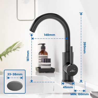 Чорний змішувач для ванної/кухні Auralum з поворотним гусаком 360°, з нержавіючої сталі, з підключенням 60 см, однорідний