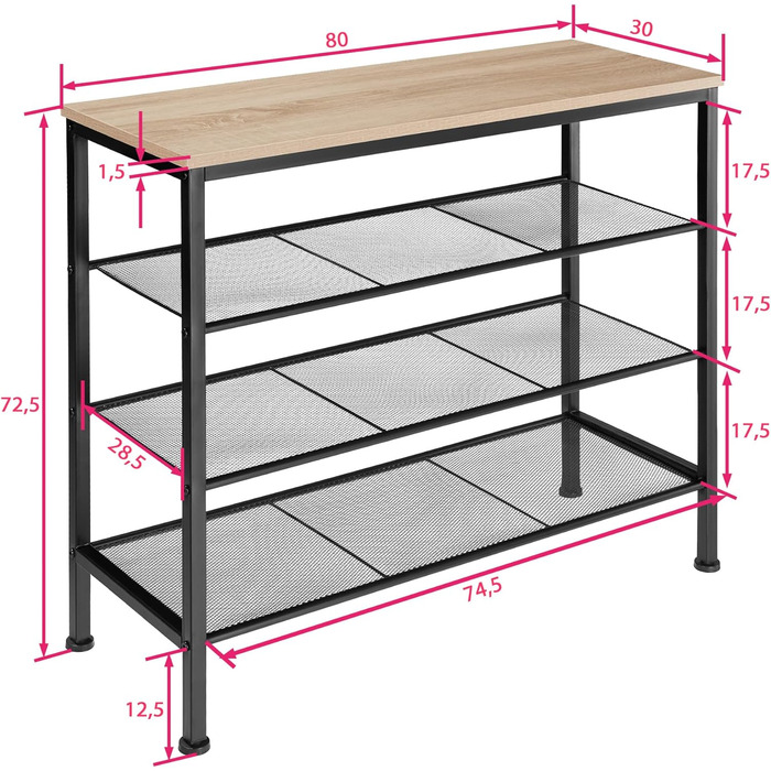 Підставка для взуття вузька, дерево/метал, промисловий дизайн, 4 рівні, 80,5x30,5x72,5см