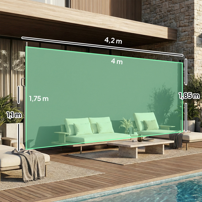 Висувна маркіза з боковими шторами, захист від сонця та вітру для тераси, водонепроникна, UV 50+, 420 x 185 см, темно-сірий колір