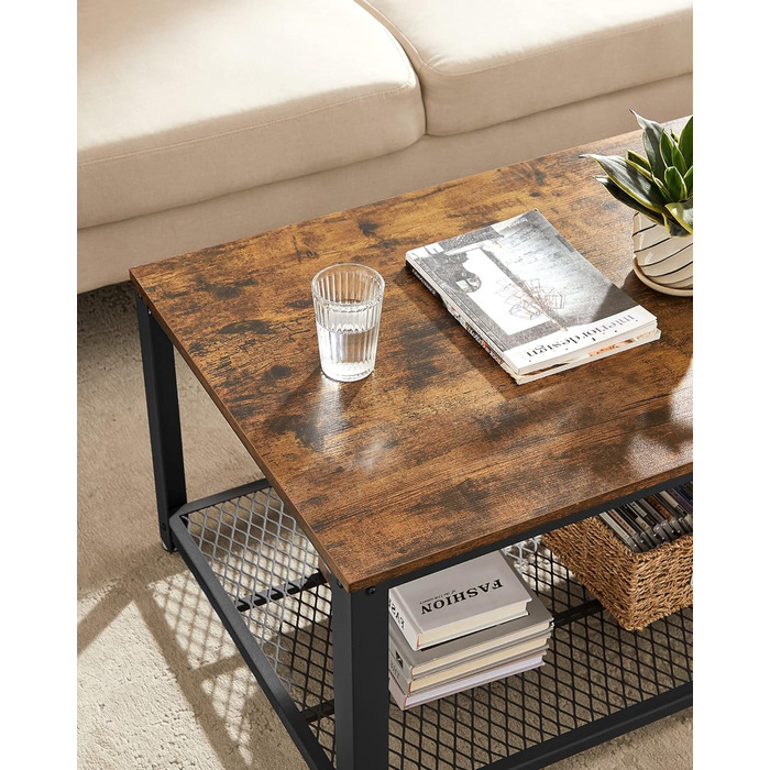 Журнальний столик VASAGLE, стіл для вітальні з 2 рівнями, з сітчастою полицею, тумба під телевізор, металевий каркас, регульовані ніжки, для вітальні, індустріальний стиль, вінтажний коричнево-чорний LCT6 106,2 x 45 x 60,2 см (Ш x В x Г) журнальний столик