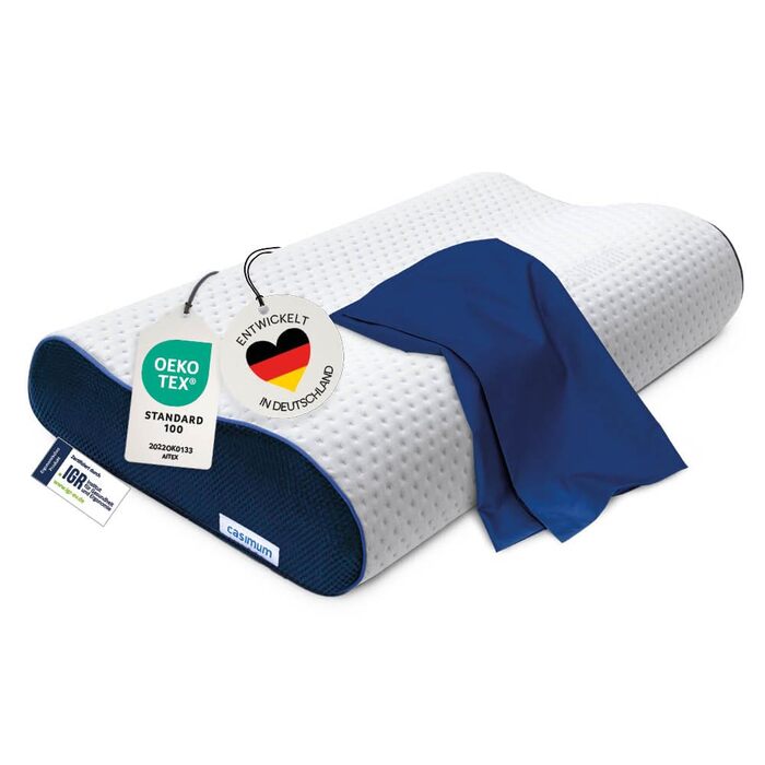 Ортопедична подушка для шиї з Memory Foam, регульована висота, знімає напругу голови та шиї, проти болю в шиї, 60x30 см, з синім чохлом, середньої жорсткості