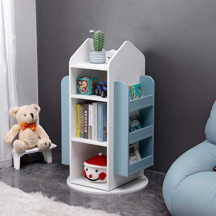 Дитяча полиця Juna - приблизно 60 x 60 x 105,3 см, колір білий/синій, обертається на 360 I Полиця для іграшок Дитяча книжкова полиця Полиця для дитячої кімнати