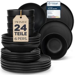 Набір посуду Twinzee Ebony Collection 24 частини: чорні тарілки та чашки з кераміки (стеінгуту) для 6 осіб