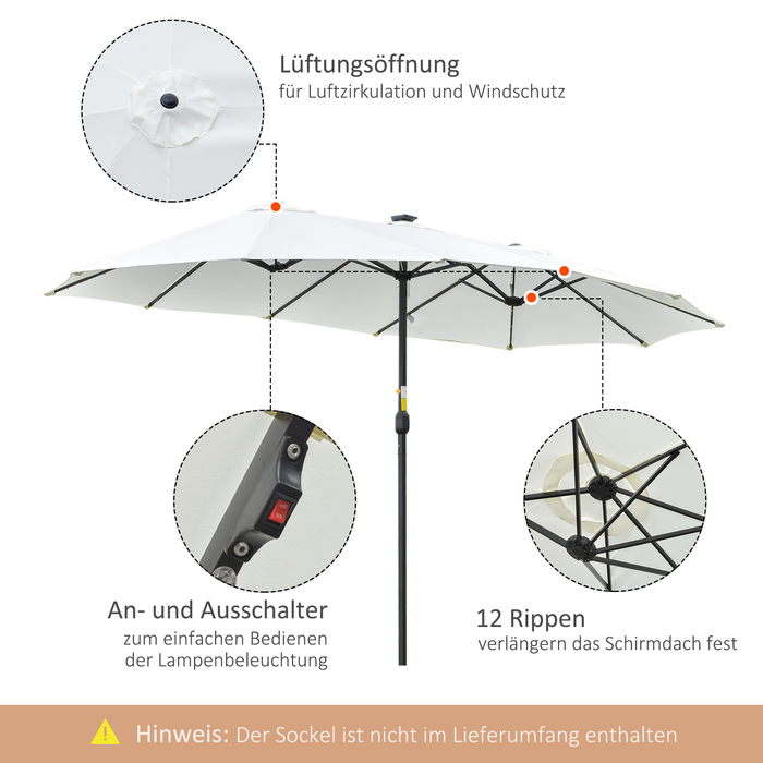 Сонячний парасоль від Outsunny з LED сонячним живленням, діаметром 4,5 м. Подвійний парасоль, ідеальний для саду, ринку, тераси. Овальний, чорно-кремовий.