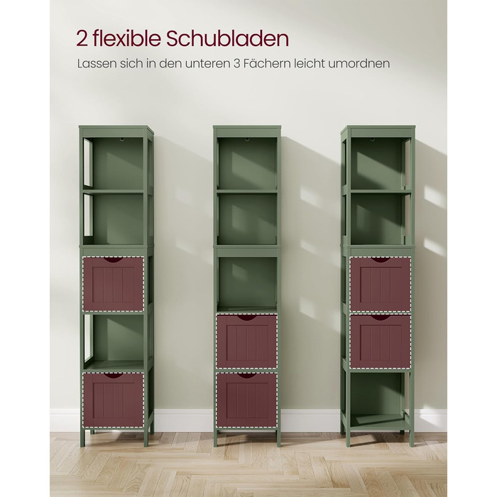 Шафа для ванної кімнати VASAGLE з 2 висувними ящиками та відкритими полицями, 30 x 30 x 141,5 см, колір: ліс зелений