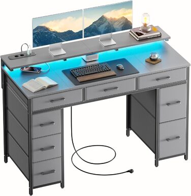 Комп'ютерний стіл з 8 висувними ящиками, 2 розетками, USB-портами, LED-підсвічуванням та підставкою для монітора, 120 x 50 x 74 см (сірий)