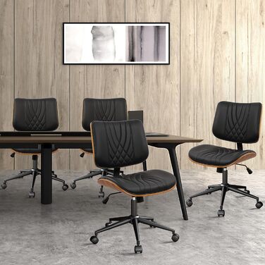 Крісло офісне без підлокітників Clatina з роликами, регульоване по висоті, шкіряне, поворотне, для комп'ютера, середньою спинкою, сучасний стиль горіх, для home office, робочого кабінету, конференц-залу, біле (чорне), 1 шт.