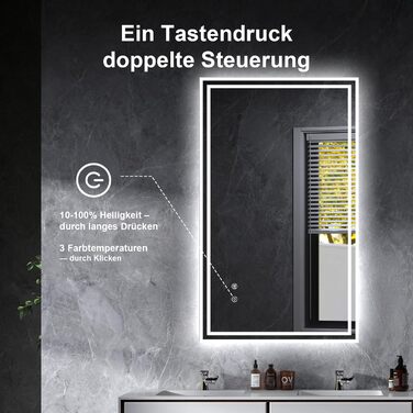 Дзеркало для ванної кімнати Youyijia з підсвічуванням, 70x50 см, з антизапарюючим покриттям, сенсорним вимикачем, 3 кольори світла, регулювання яскравості, 3500K-6500K