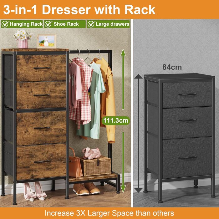 Комод 111 см з 4 висувними ящиками з тканини, з вішалкою, для спальні, вітальні, передпокою, дерев'яний, подарунок