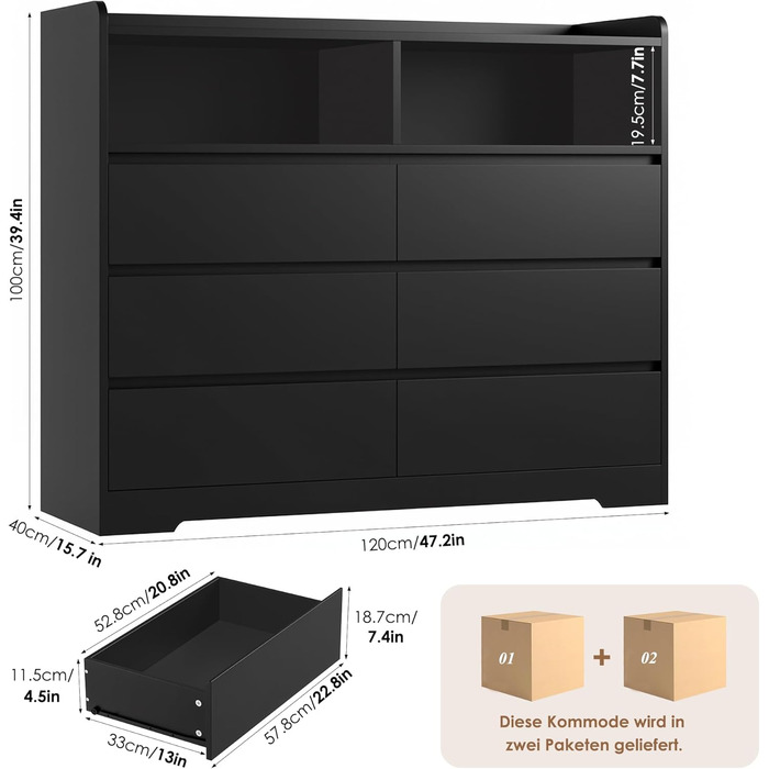 Комод FOREHILL з 6 висувними ящиками 120 см, тумба приліжкова для спальні, вітальні, коридору, 120x40x100 см, чорний