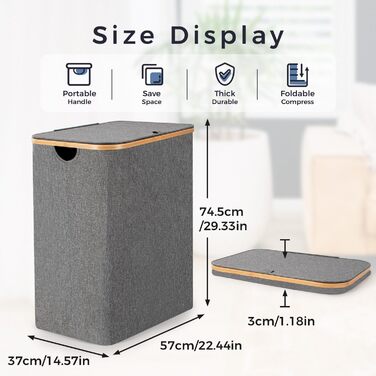 Кошик для білизни Rieeyrslza з кришкою 158л з бамбука та тканини Оксфорд, знімні мішки для білизни, складний сортер для білизни, багатофункціональний кошик для зберігання (сірий)