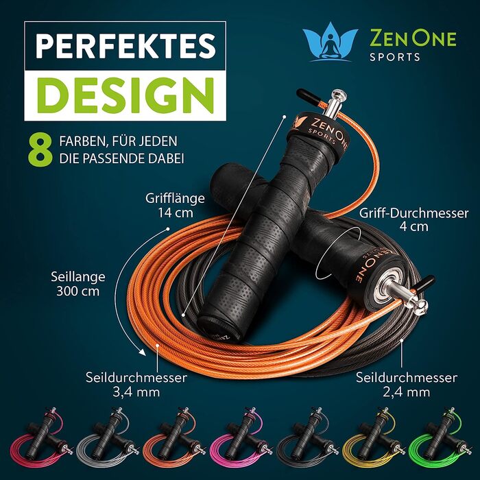 Скакалка ZenRope, швидкісна скакалка з шарикопідшипником, професійна скакалка для дорослих, регульована по довжині, з урахуванням ваги і ваги. Додатковий сталевий трос, електронна книга, керівництво по посадці і сумка, довжина мотузки 3 м (Помаранчевий)