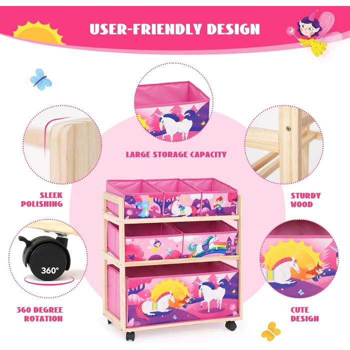 Органайзер для іграшок HOMCENT з колесами та 6 контейнерами великої місткості для дитячої кімнати, дівчачої кімнати