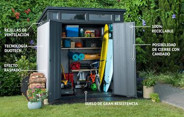 Сарай садовий Keter Artisan 7x7 з підлогою, похилим дахом, подвійними дверями та вікном, 214x218x226 см, 8.3 м³, сірий - для зберігання на вулиці