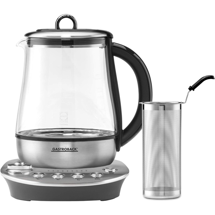 Чайник, Чайник, Чайник, Чайник, 8 чайних програм (60 - 100C) Скляний контейнер 1,5 літра, 1 400 Вт, скло, сріблястий, чорний Одномісний, 42434 Design Tea Aroma Plus