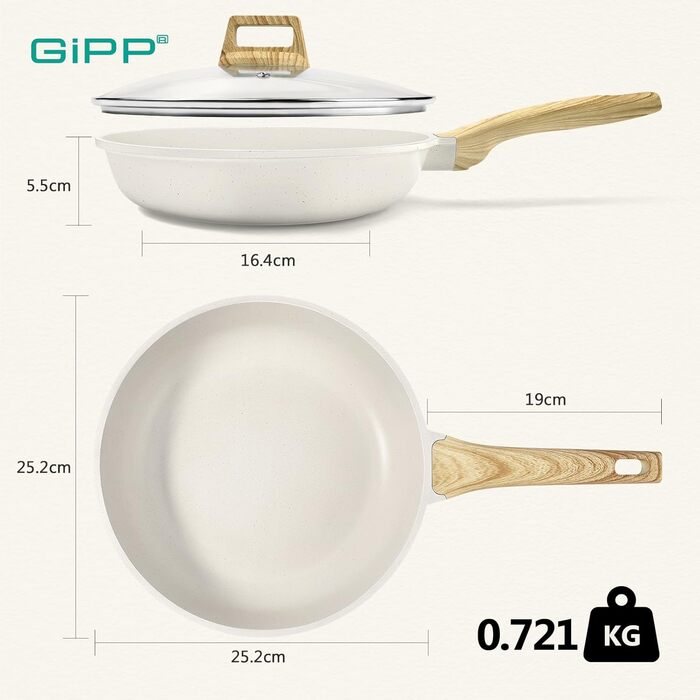 Гіп Керамічна сковорода з антипригарним покриттям з кришкою – 24 см, здорова, безпечна, для індукційних плит, без PFAS та PFOA, придатна для миття в посудомийній машині, з холодною ручкою, білий колір 24 см + кришка