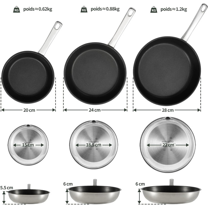 Набір сковорідок з 3 предметів 202428 см, сковорода з нержавіючої сталі 18/10, з антипригарним покриттям, не містить PFOA та PFOS, підходить для всіх типів плит, також для індукційних, безпечна для духовки.
