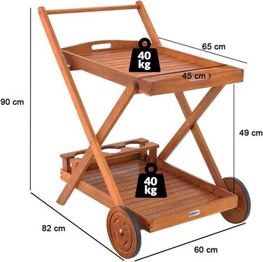 Візок для сервірування Casaria Wood FSC сертифікований Акація 2 яруси, 3 тримачі для пляшок, візок для кухні на відкритому повітрі