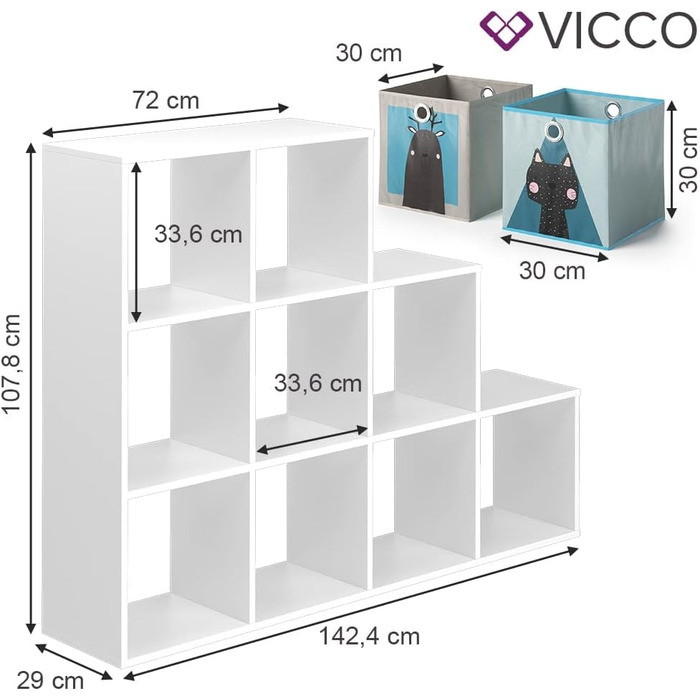 Дитяча полиця Vicco, біла, 142,5 x 107,8 см з 8 відкидними ящиками Біла сходова полиця 8 відкидних ящиків