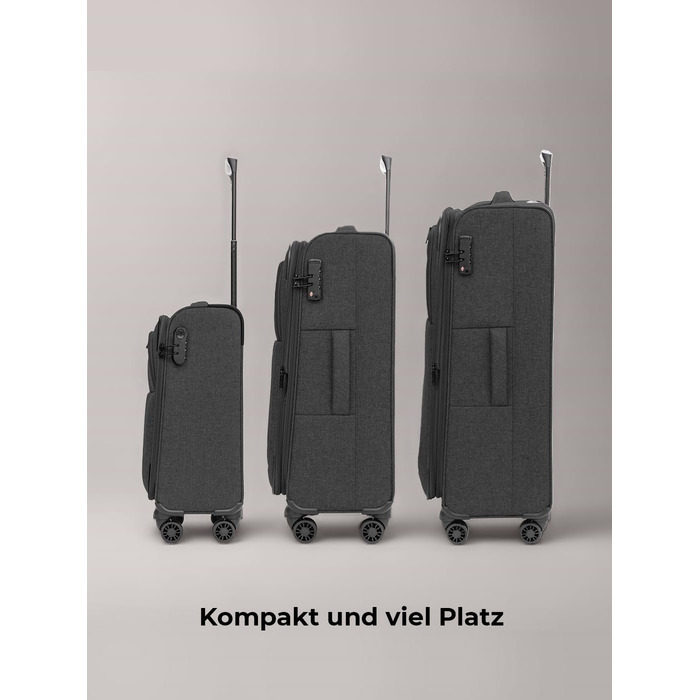 Набір тканинних валіз REDOLZ Essentials 12 (3 шт.), чорні дорожні Trolley з 4-ма подвійними колесами, TSA-замком та функцією розширення