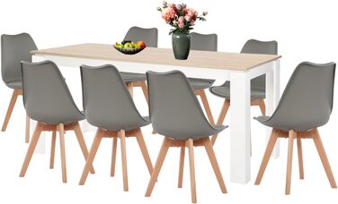 Обідній стіл з 6 стільцями, комплект для їдальні. Дерев'яний стіл 160 см з ніжками дуб/білий та 6 білих стільців. Підходить для вітальні, кухні, офісу.