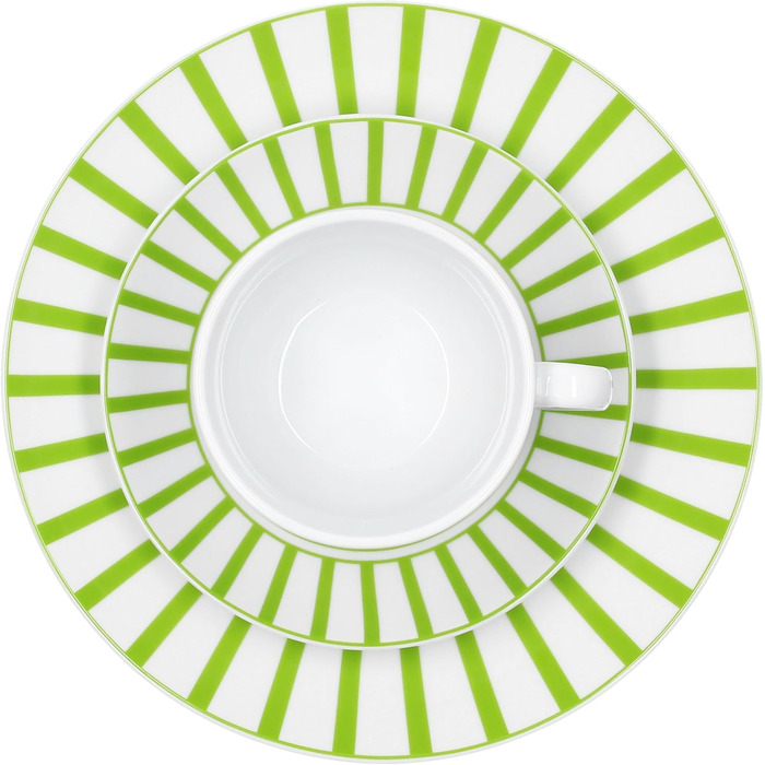 MamboCat Комплект посуду для кави та сніданку 18 предметів, зелений, для 6 осіб | Кавовий сервіз з порцеляни з смужками, 6 чашок 200мл, 6 підставок, 6 тарілок