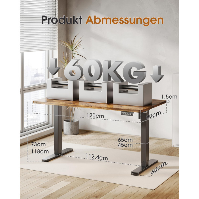 Регульований стіл 120x60 см з підставкою для монітора, електричний, ергономічний, стоячий, vintage brown