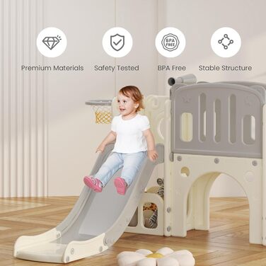 Дитячий ігровий комплекс Hoopyosms з гіркою, баскетбольним кільцем та тунелем. Ігровий набір для дому, пластиковий, сірий. Montessori-іграшка для дитячого майданчика.