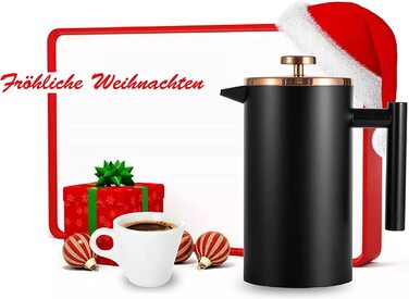 Кавоварка MeelioCafe French Presssthermo з нержавіючої сталі об'ємом 0,35 літра, кавовий прес (2 чашки) невеликого розміру, з подвійними стінками, ізольований кавовий фільтр, чорний (1000 мл)