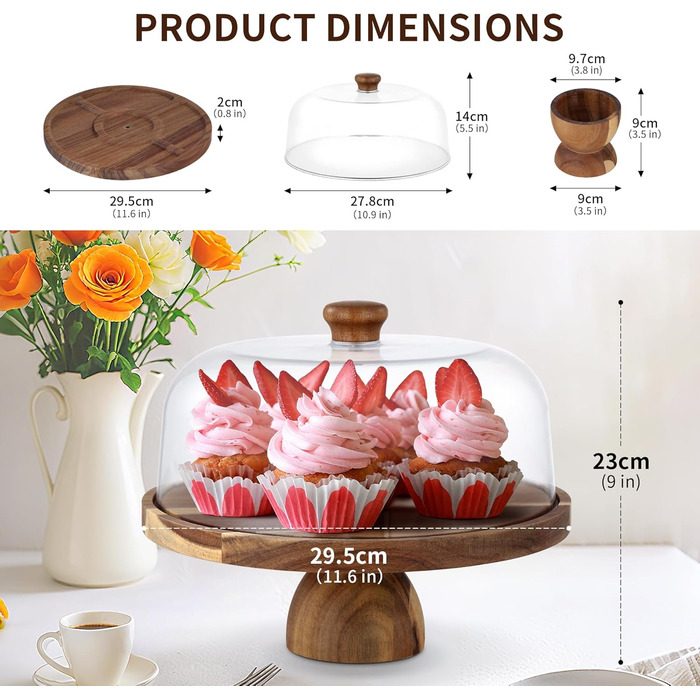 Дзеркальна підставка для тортів 30 см з дерева | Двостороння тортівниця з ніжками та кришкою (PET) | Кришка для тортів/кришка для пирогів | Універсальна підставка для тортів для весілля, дня народження, чаювання