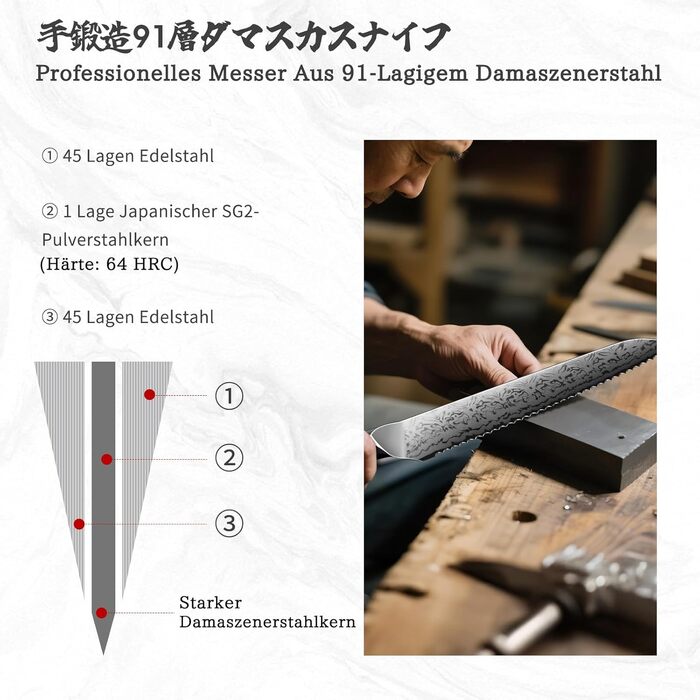 SHAN ZU Ніж кухарський Дамаск 20 см, професійний ніж з японської сталі SG2, ручка з акації, серія WHITE TIGER