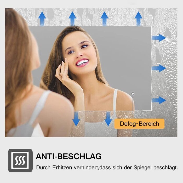 MIQU Дзеркало для ванної кімнати з підсвічуванням LED 60x50 см, сенсорне, проти запотівання, з Bluetooth та розеткою, 3 кольори світла, диммування