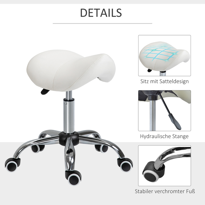 HOMCOM Rolling Stool Поворотний табурет з регульованим по висоті сідлом з оббивкою білого кольору для офісу та дому