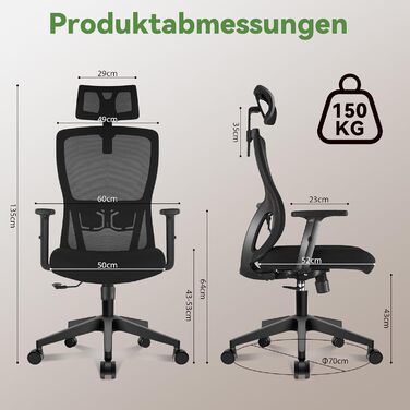 Ергономічне крісло для офісу, регульоване по висоті, поворотне з підтримкою попереку та підголівником, функція відкидання 90°-130°, максимальне навантаження 150 кг, чорний колір, X-Large