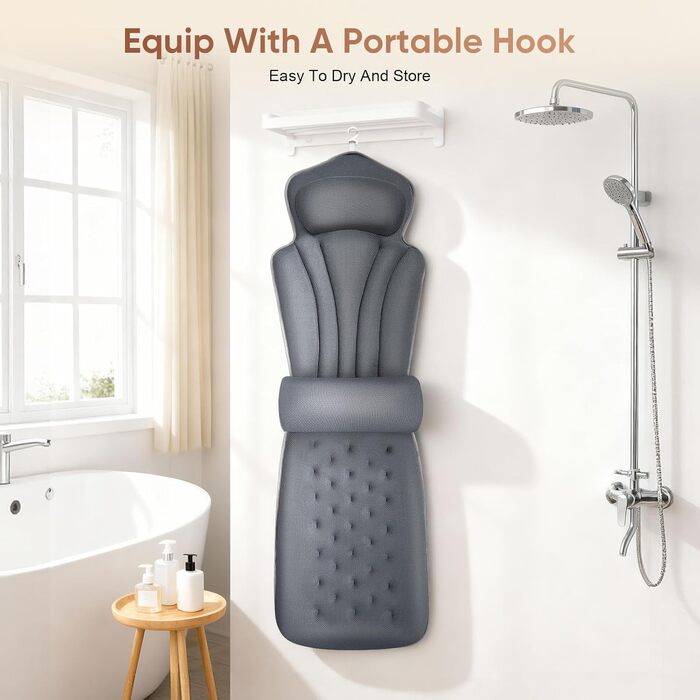 Подушка для ванни з підтримкою попереку, 144 присоски, 4D м'яка, з підголовником та додатковою подушкою, 133x41 см, сіра. З миючим мішком.