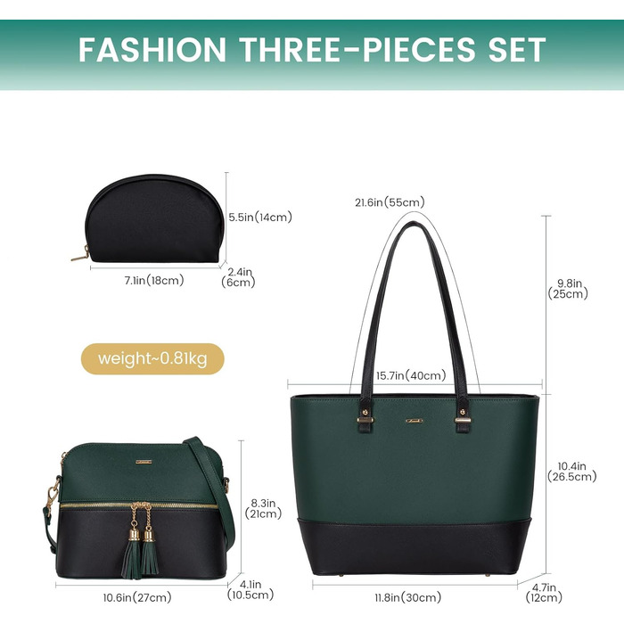 LOVEVOOK Сумка-шоппер для жінок, велика шкіряна сумка, набір 3 шт. (C темно-зелений, чорний)