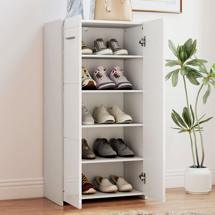 Шафа для взуття з глянцевим покриттям, органайзер для взуття з регульованими полицями для передпокою, коридору, вміщує до 10 пар, білий