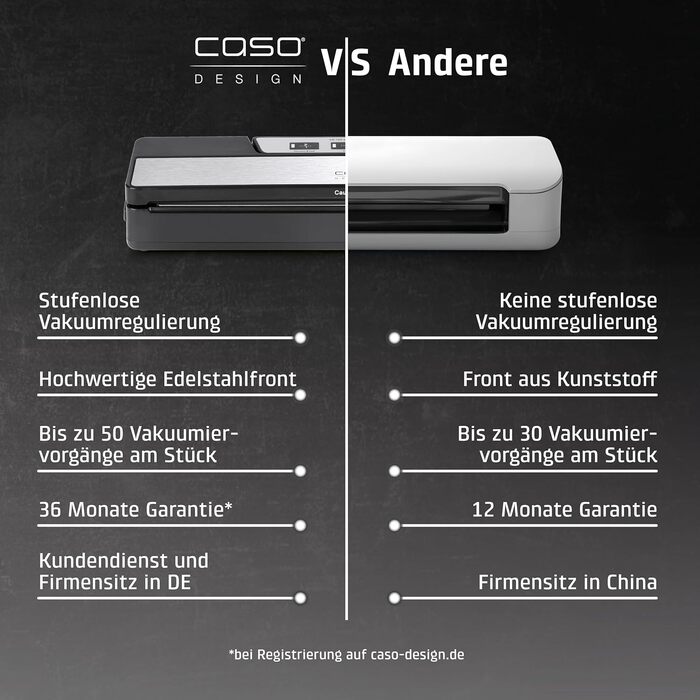 Вакууматор CASO VR 190 advanced — професійний вакуумний пакувальник з широким швом 2,5 мм, 10 пакетів у комплекті