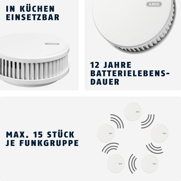 Датчик диму та тепла ABUS RWM450 з батареєю на 12 років - 15 датчиків у мережі - сертифікований Q-Label & DIN EN14604 - для кухні - білий, 1 шт.