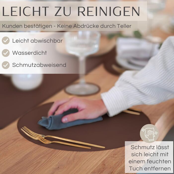 Набір Mahewa® з 6 преміум-підставників для столу з штучної шкіри - 6 шт. - Миючі та водонепроникні підставки під тарілки в шкіряному стилі (Овальні з тримачем) (Горіх, Круглі)